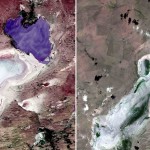 사진은 현대그린존 첫번째 사업이 진행된 내몽고 차칸노르 지역의 초지 조성 전(왼쪽)과 초지 조성 후(오른쪽)의 모습을 찍은 위성사진. 좌측 사진에서 흰색으로 표시된 소금 사막 지역이 우측 사진에서 초록색 초지로 변화된 모습을 볼 수 있다.